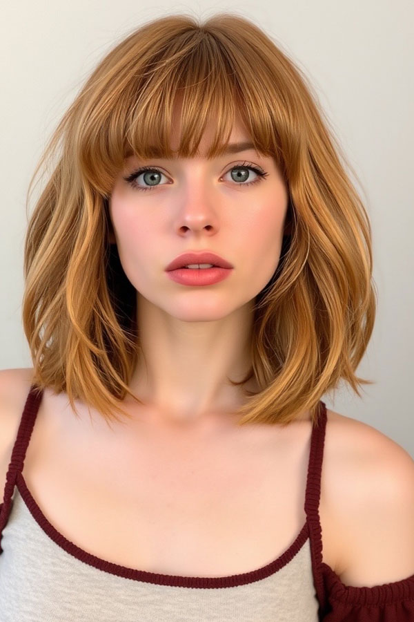 Golden Long Bob with Blunt Bangs,  chic shoulder length haircut with bangs, medium-length haircut with fringe