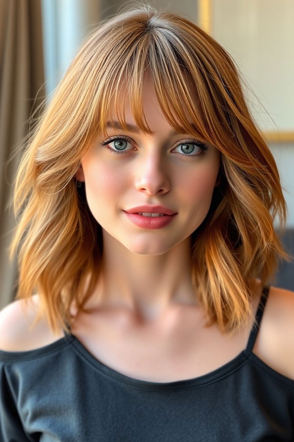 50 Chic Shoulder-Length Haircuts with Bangs : Golden Long Bob with Textured Bangs