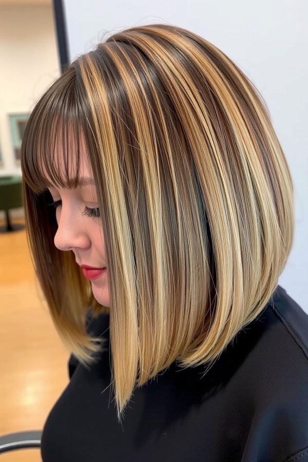 Honey Blonde Angled Bob with Soft Bangs