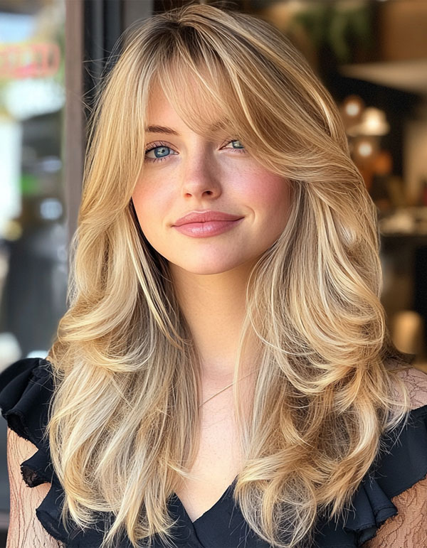 50 Layered Haircuts with Fringe For Long Hair : Honey Blonde Bouncy Layers with Side-Swept Bangs