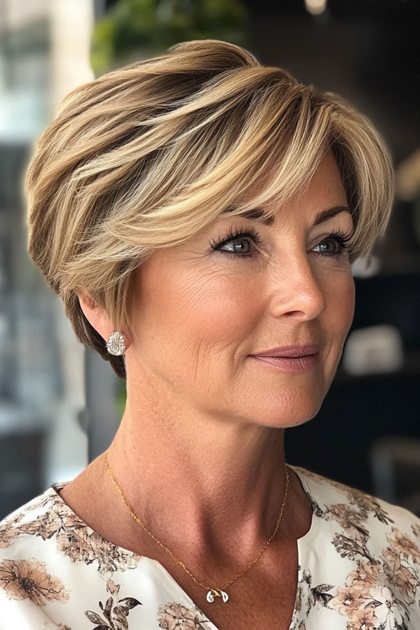 Honey Blonde Pixie Bob, pixie hair cut for women over 50, pixie hair colour for women over 50