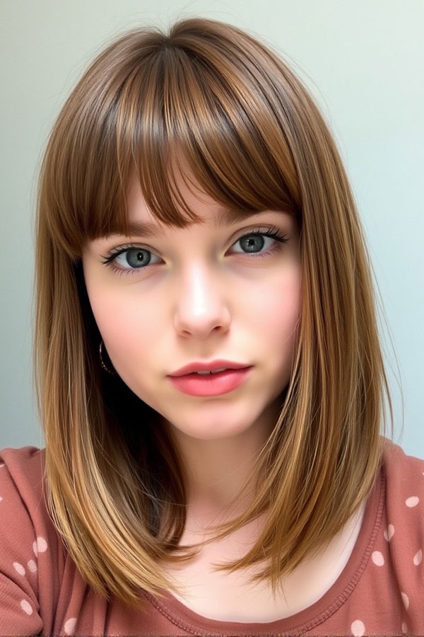 50 Chic Shoulder-Length Haircuts with Bangs : Polished Lob with Sleek Bangs