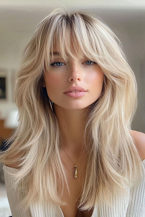 Icy Blonde Feathered Layers with Bangs