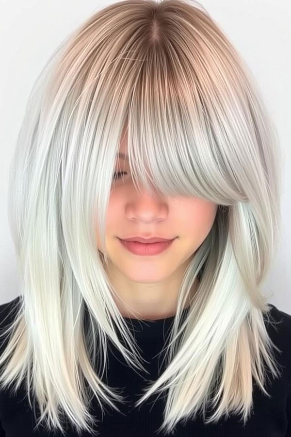 Icy Blonde Fringe with Sleek Layers, medium-length hairstyle with beautiful hair colour