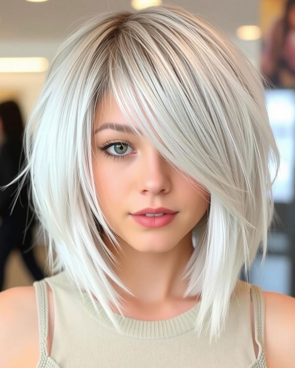 25 Medium-Length with Beautiful Hair Colours : Icy Blonde Layered Bob with Side-Swept Bangs