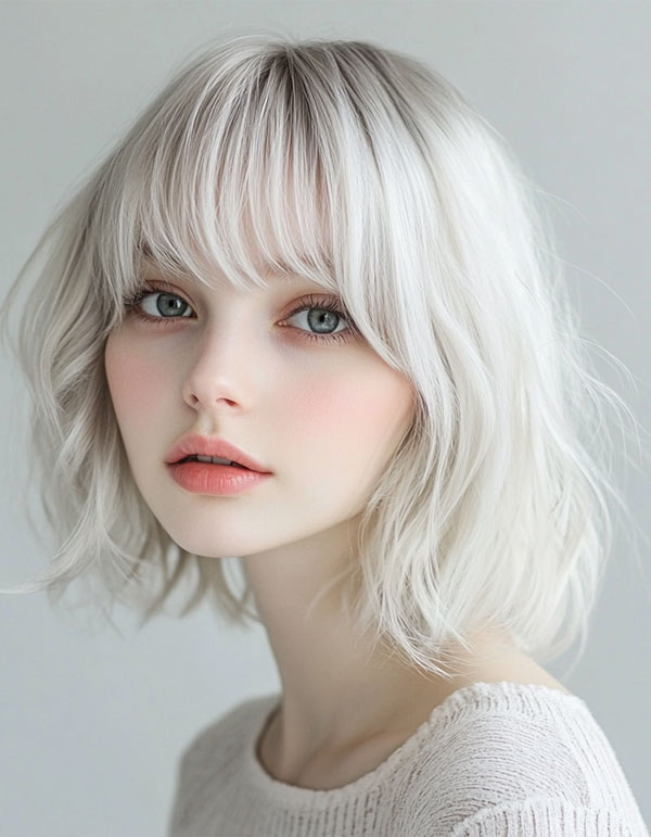 30 Short Shag Hairstyles for an Edgy Vibe : Icy Blonde Soft Shag Bob with Soft Bangs