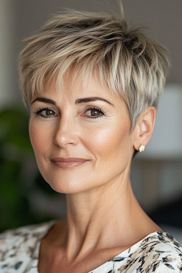 Icy Blonde Textured Pixie, pixie hair cut for women over 50, pixie hair colour for women over 50