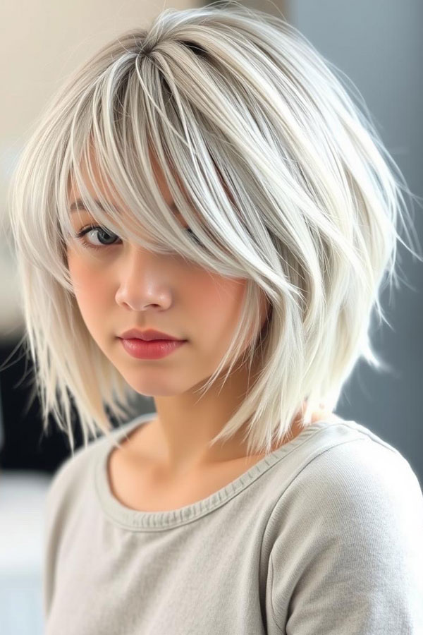 30 Short Shag Hairstyles for an Edgy Vibe : Icy Platinum Soft Layered Shag Bob