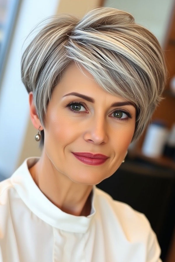 Icy Silver Pixie with Highlights, pixie hair cut for women over 50, pixie hair colour for women over 50