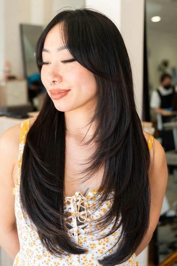 30 Chic Long Layered Haircuts for Straight Hair : Jet Black Layers with Soft Curtain Bangs