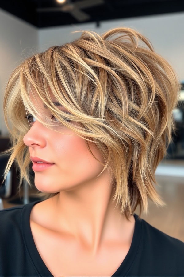 30 Short Shag Hairstyles for an Edgy Vibe : Layered Blonde Shag Bob