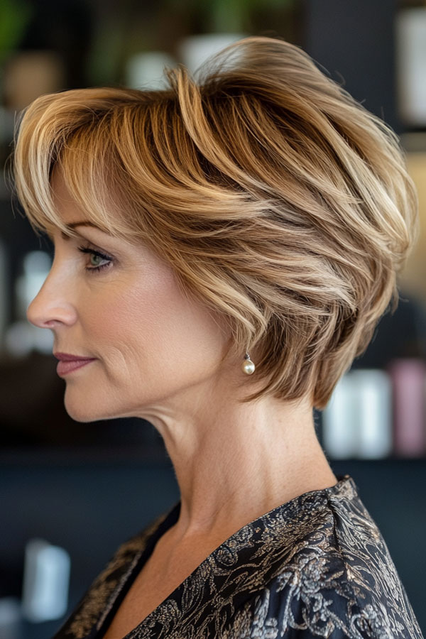 Layered Honey Blonde Pixie, pixie hair cut for women over 50, pixie hair colour for women over 50