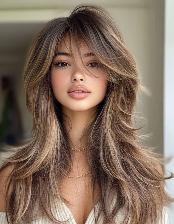 35 Effortless Rock Star Layered Haircuts : Layered Mocha Waves with Curtain Bangs