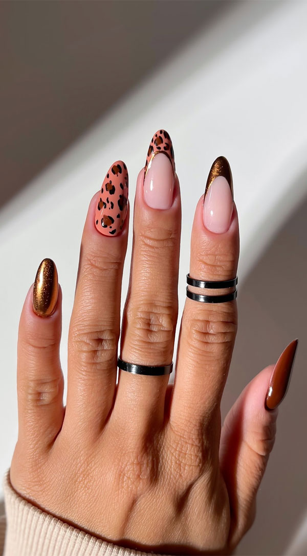 Leopard Print Nails with Bronze Tips, fall nail designs, autumn nail designs