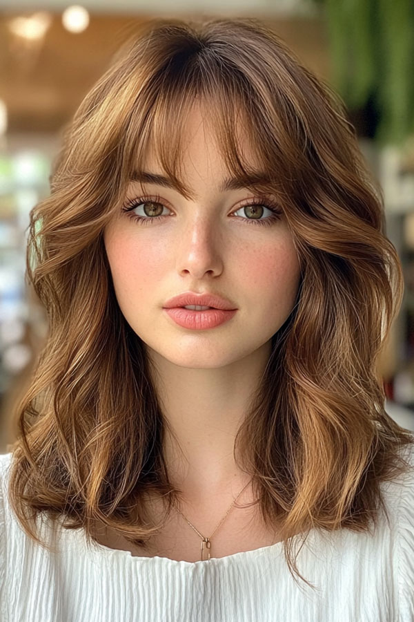 50 Chic Shoulder-Length Haircuts with Bangs : Light Brown Soft Layers & Wispy Bangs