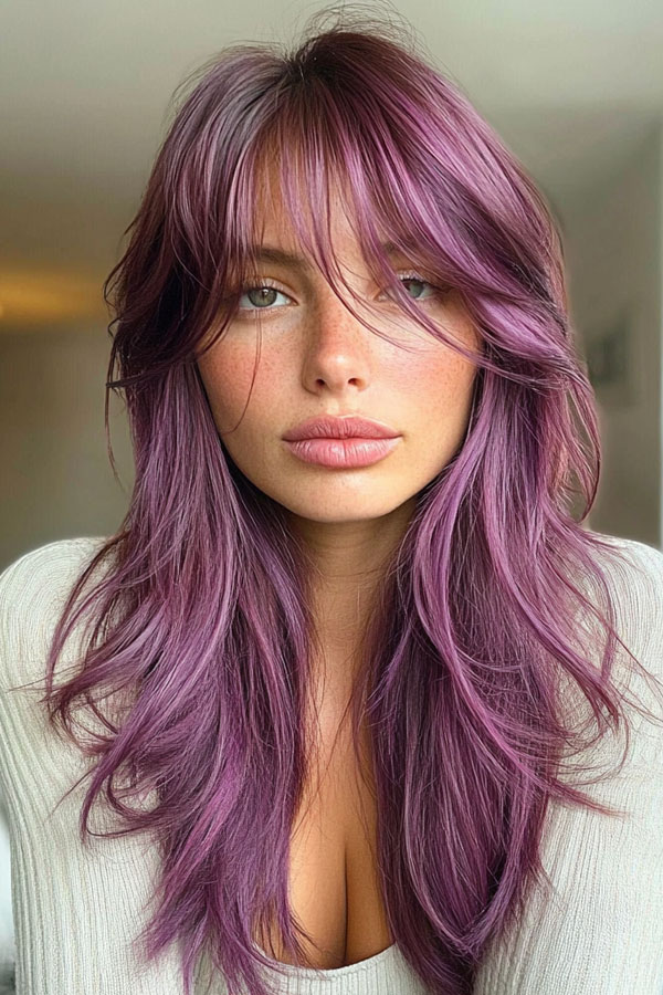 Lilac Soft Layers with Curtain Bangs, soft layered haircut with bangs