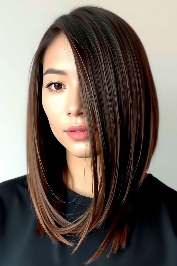 Long Angled Bob with Chestnut Undertones