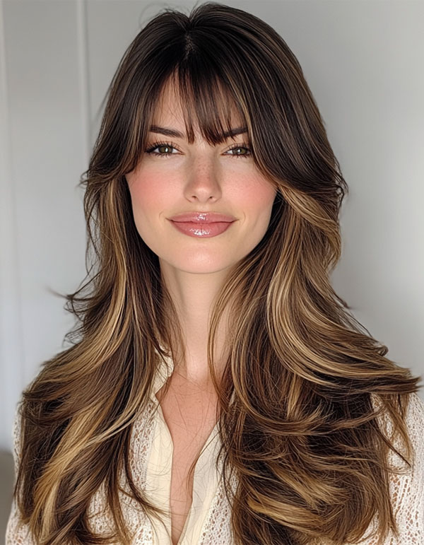 Lush Layers with Face-Framing Highlights, layered haircut with fringe for long hair