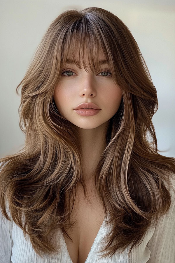 50 Layered Haircuts with Fringe For Long Hair : Medium Brown Soft Layers with Baby Bangs