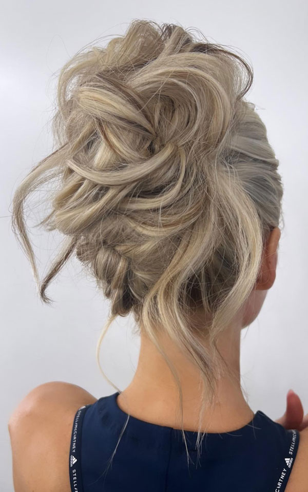 Messy Textured Updo with Loose Waves, 90s inspired high updo,  Updo Hairstyle, updo wedding hairstyle