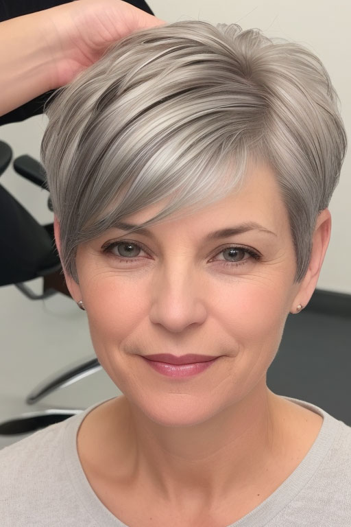 Metallic Silver Pixie, pixie hair cut for women over 50, pixie hair colour for women over 50