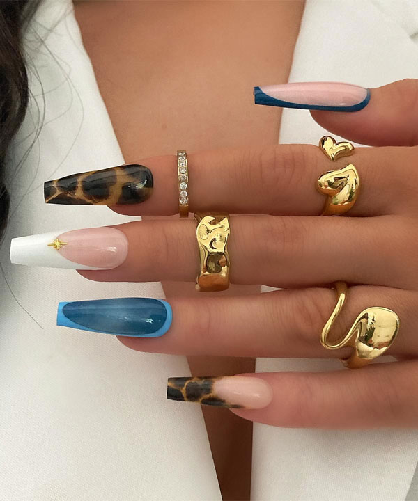 30 Cute Autumn Nail Designs to Fall For This Season : Mix n Match Bold Blues & Wild Leopard Nails