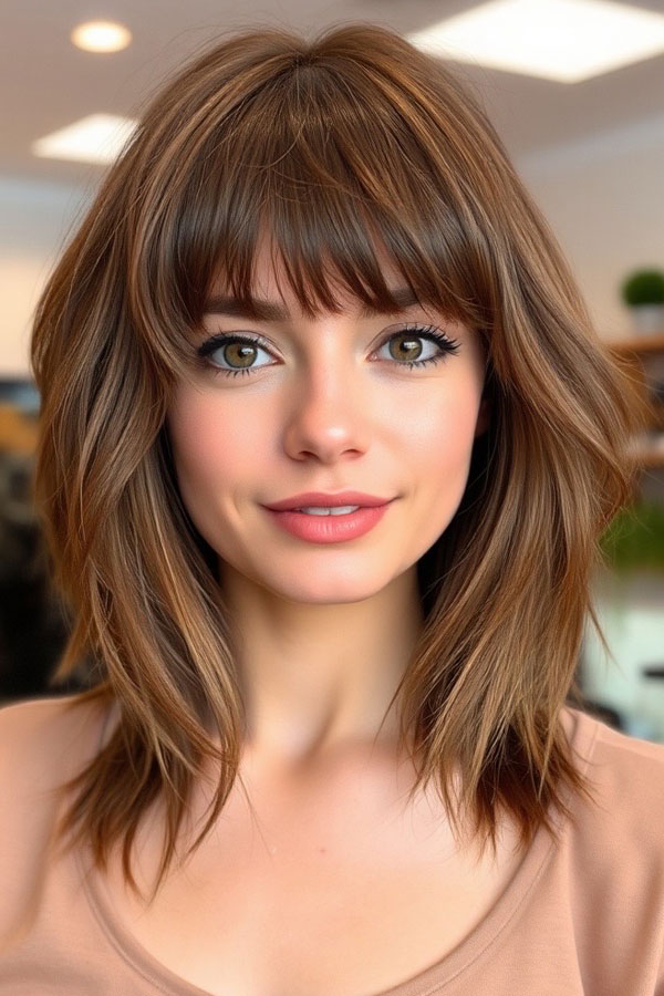 50 Chic Shoulder-Length Haircuts with Bangs : Modern Textured Shag with Wispy Bangs