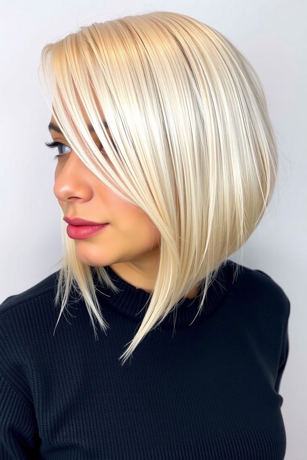 Platinum Blonde Angled Bob with Side-Swept Layers