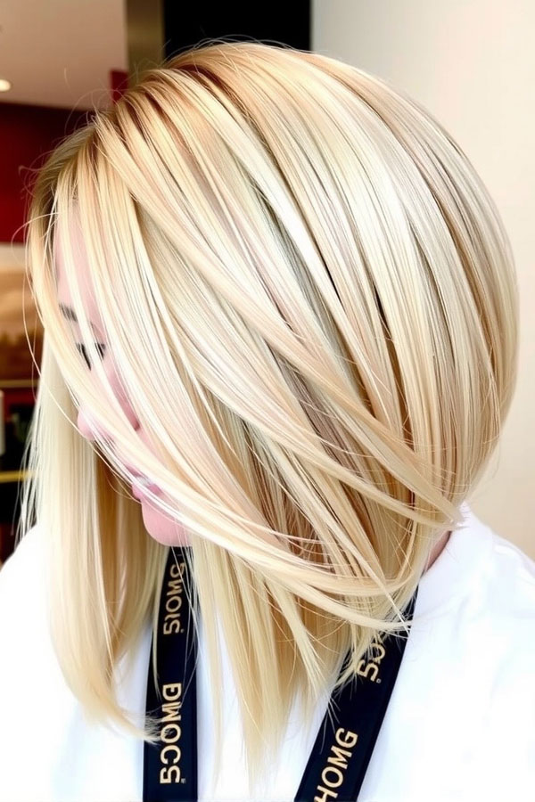 35 Angled Bob Haircuts For A Modern Look : Platinum Blonde Angled Bob with Soft Layers