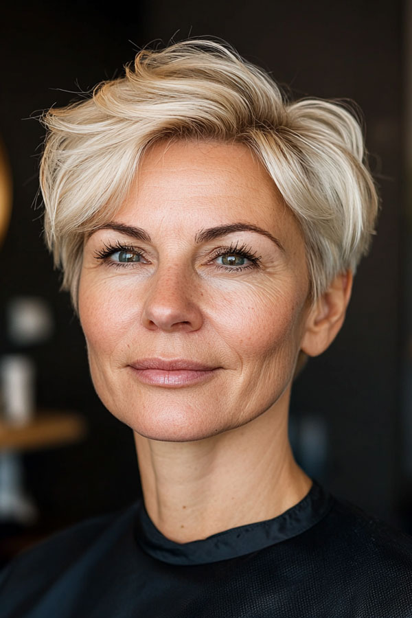 Platinum Blonde Pixie, pixie hair cut for women over 50, pixie hair colour for women over 50