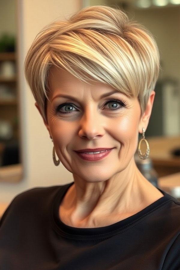 Platinum Blonde Sophistication, pixie hair cut for women over 50, pixie hair colour for women over 50