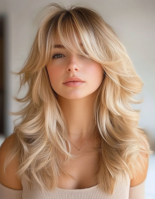 Platinum Blonde Textured Layers with Side-Swept Bangs