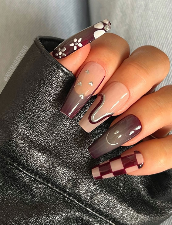 Playful Plum Pattern Coffin-Shaped Nails, stylish autumn nails, autumn nail art, autumn nail designs, trendy fall nails