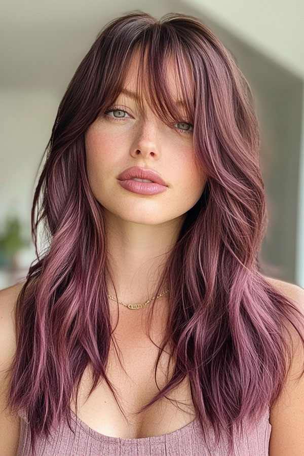 35 Effortless Rock Star Layered Haircuts : Plum Velvet Waves with Fringe