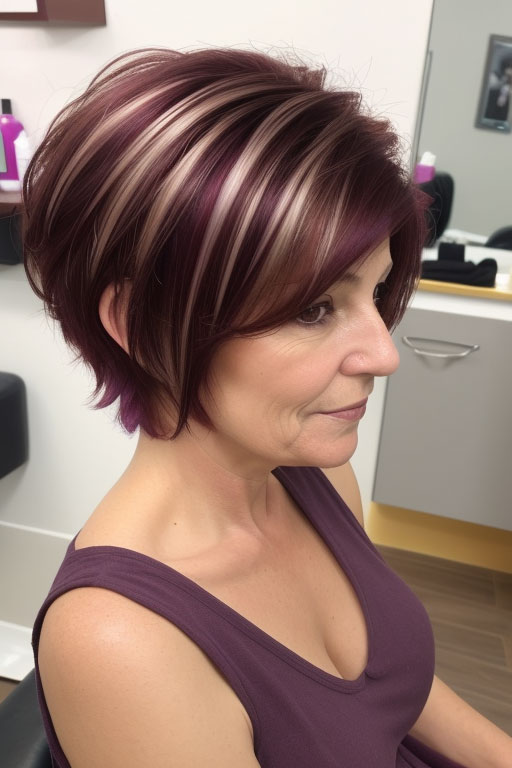 Plum and Blonde Highlighted Pixie, pixie hair cut for women over 50, pixie hair colour for women over 50