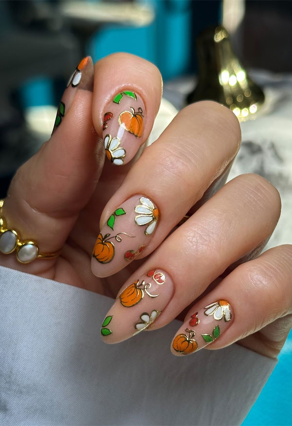 Pumpkin Patch Daisies, fall nails, autumn nail designs