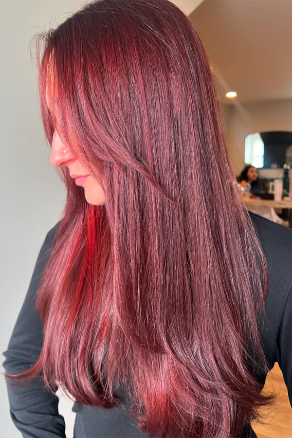 Radiant Cherry Long Layers with Curtain Bangs, fall hair color, autumn hair colour