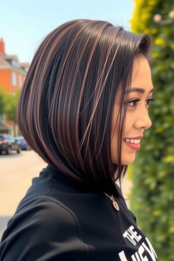 35 Angled Bob Haircuts For A Modern Look : Raven Black Angled Bob with Subtle Copper Highlights