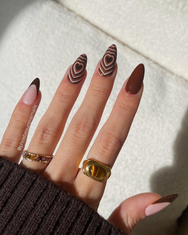 Retro Heart-Shaped Nails, fall nail designs, autumn nail designs