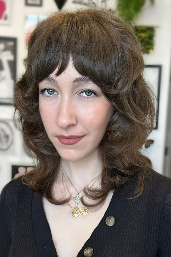 50 Chic Shoulder-Length Haircuts with Bangs : Retro Shag with Curtain Bangs