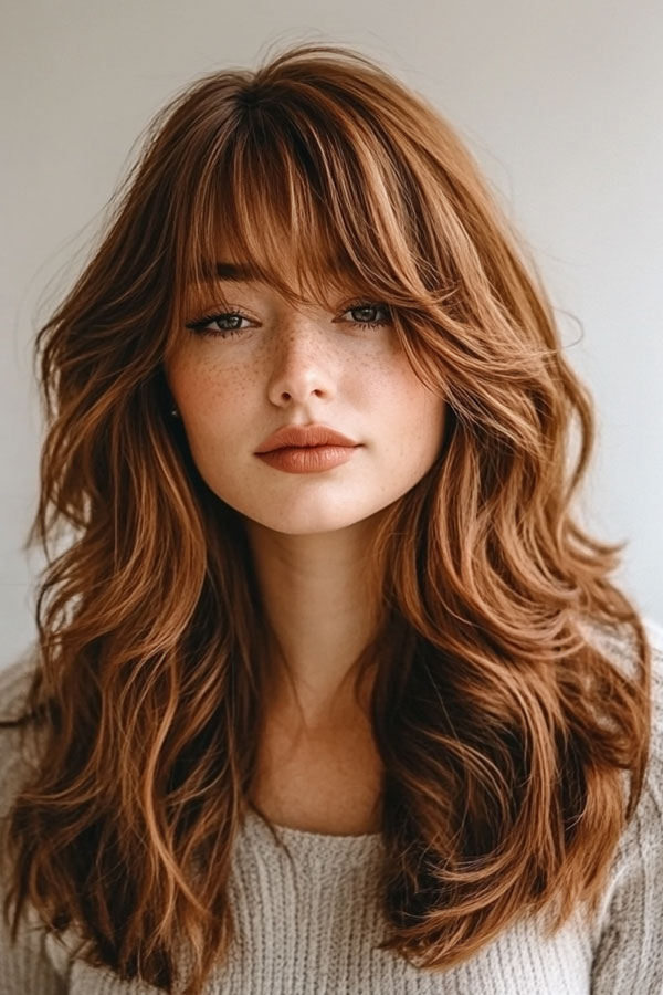 Rich Auburn Layers with Soft Bangs, layered haircut with fringe for long hair