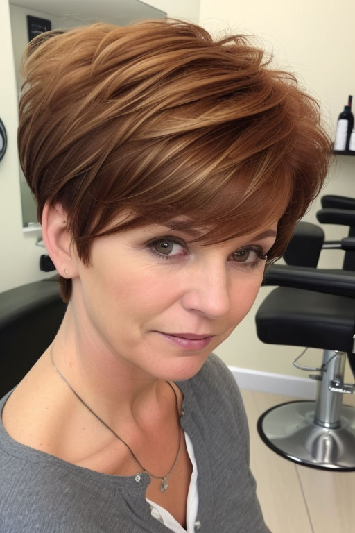 Rich Auburn Pixie, pixie hair cut for women over 50, pixie hair colour for women over 50