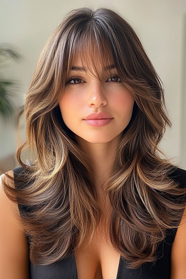 Rich Brown Layered Locks with Wispy Fringe, layered haircut with fringe for long hair