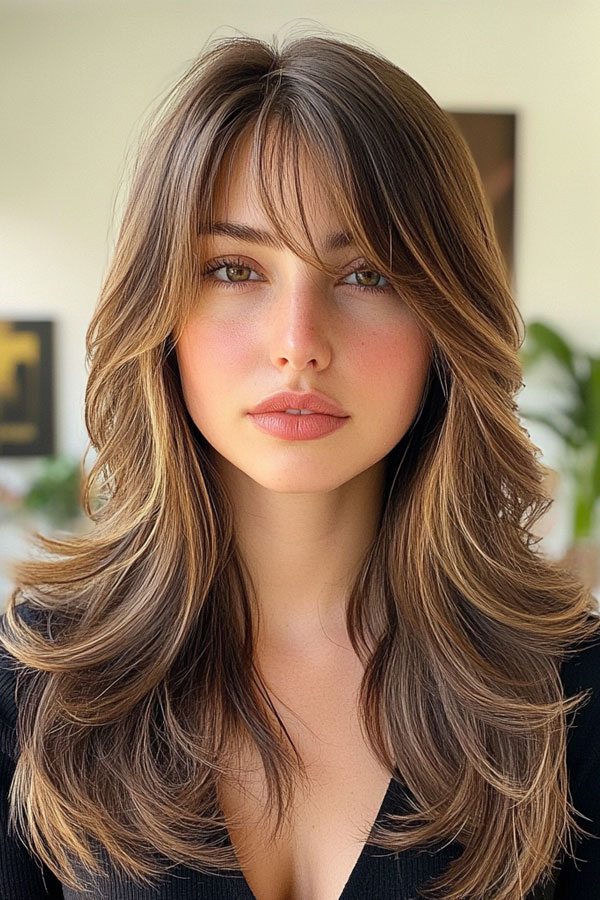 50 Layered Haircuts with Fringe For Long Hair : Rich Brown Layers with a Modern Twist