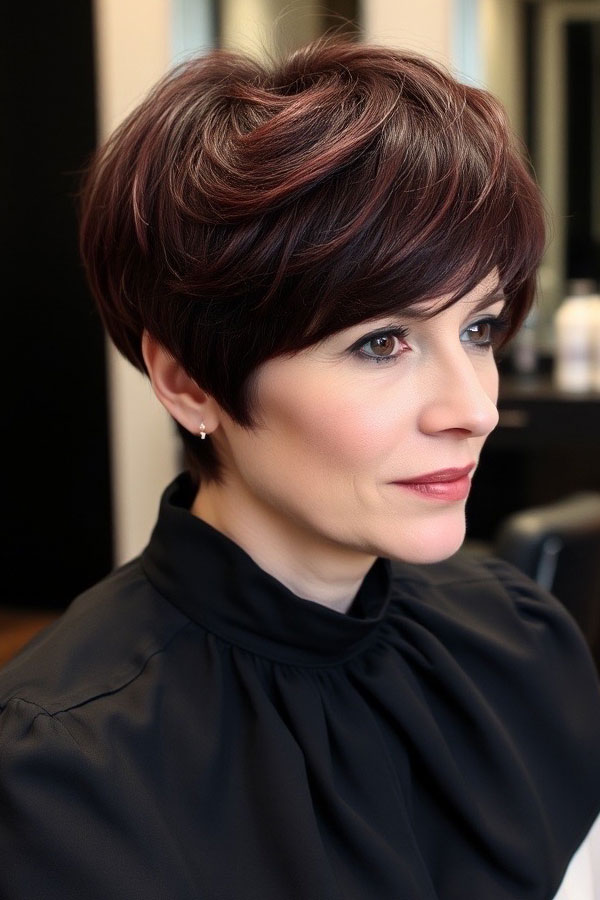 Rich Burgundy Pixie, pixie hair cut for women over 50, pixie hair colour for women over 50