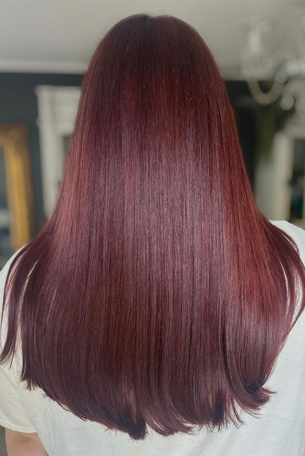 30 Radiant Red Hair Shades for Autumn : Rich Burgundy Sleek Long Hairstyle