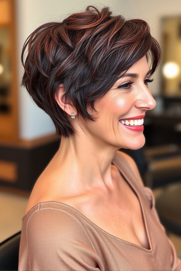 Rich Chestnut Layers,  pixie hair cut for women over 50, pixie hair colour for women over 50