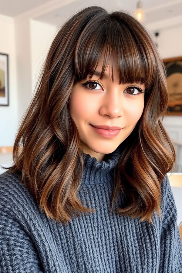 50 Chic Shoulder-Length Haircuts with Bangs : Rich Chocolate Long Bob with Full Bangs