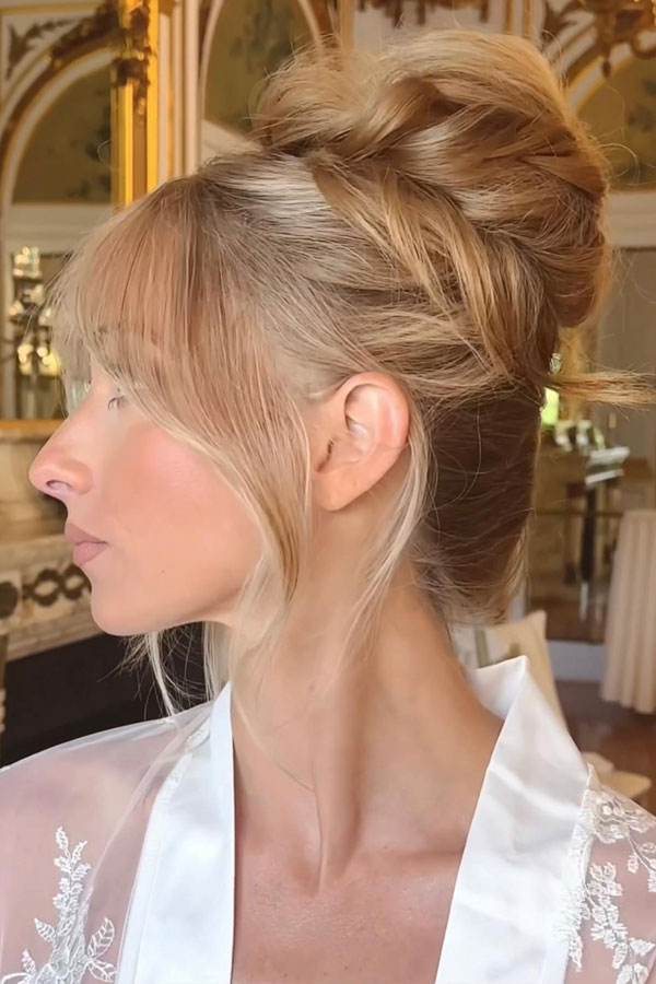 Romantic Bridal Updo with Wispy Bangs, Updo Hairstyle, updo wedding hairstyle