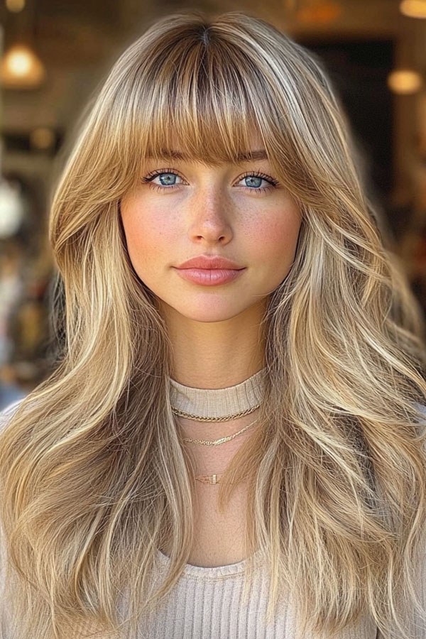 Sandy Blonde Full Fringe with Flowing Layers